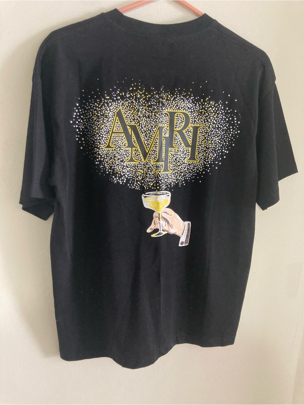 AMIRI Black Short Sleeve Tee with Yellow Chest Logo